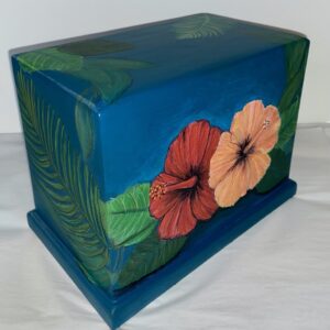 Coral and Red Hibiscus over teal blue cremation urn