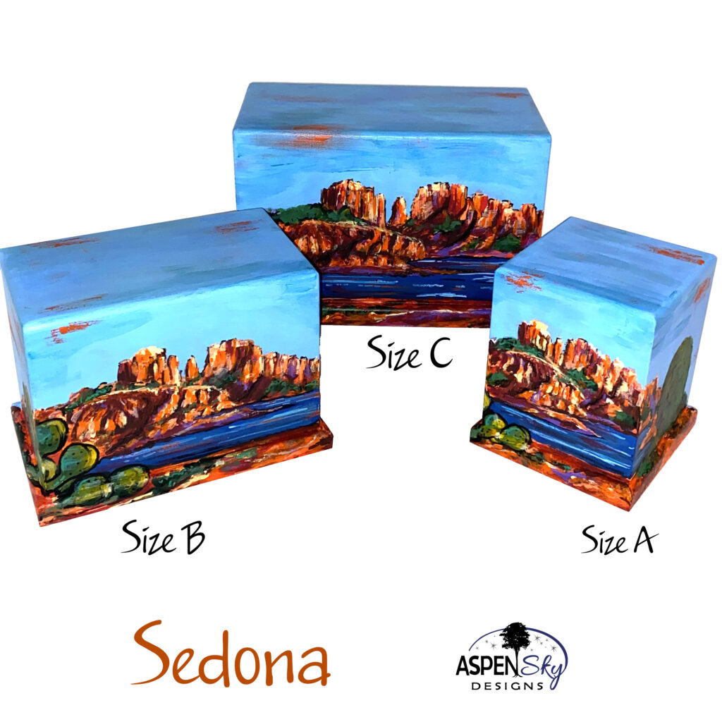 Sedona cremation urns. Hand painted, hand crafted, wood urn created in our family workshop. 